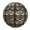 A spherical object with a of circular indentations and metallic sheen, displayed in a against a gray background
