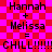 Static pixel art with red and pink checkered background displaying text equations 'Hannah + Melissa = CHILL!!!!!!' repeated twice.