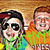 Two pixelated figures in green and orange clothing stand side-by-side against a brown background with yellow accents.