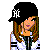 Pixel art contact sheet showing a female character in multiple poses with text elements and pink circular accents on white background.