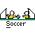 Pixelated soccer-themed animation showing a character kicking a ball toward a goal, with goal celebration and text overlays.