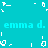 Cyan background with repeated light cyan text 'emma d. emma d.' and scattered white pixelated shapes.