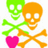 Two pixelated skulls with crossbones and a heart, one green skull on left, one orange skull on right, both smiling.