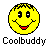 Static pixel art icon of a yellow smiley face with black hair and red mouth, below which is the text "Coolbuddy" in blocky font on gray background.