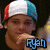 Pixelated image of a person wearing a red, white, and blue cap with hand near chin and 'Rush' text in blue block letters.