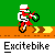 Pixelated character on a dirt bike with green background and orange track, labeled 'Excitebike' below.