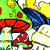Pixelated figure in green top and red pants with blue cape, surrounded by yellow and white bursts on a light background.