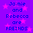 Purple background with pink stars and blue text reading "Jaimie and Rebecca are FREINDS" in pixelated font.