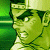 Pixelated green-toned image of a character with dark hair, visible eye, and mouth in profile view against gradient background.