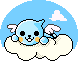 Pixelated blue creature with black eyes and orange cheeks rests on a white cloud against light blue sky background.