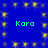 Blue background with yellow square icons and green "Kara" text in four corners, all elements static and repeated across the frame.