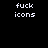 Static pixel art displays 'fuck icons' text in white block letters on black background, repeated twice side-by-side.