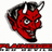 Pixelated red devil head with black horns, white eyes, and a wide grin, set against a white background with a red-and-black striped border.