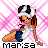 Pixel art of a female character in a white tank top and blue shorts, wearing a black-and-white cap, with pink radiating lines background.