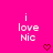 A bright pink background displays repeated text "i love Nic" with small red heart and arrow symbols changing position across frames.