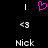 A static pixel art icon with a black background, featuring two white vertical lines flanking a pink heart symbol above the text 'Nick' in gray pixelated font.