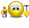 Animated sequence of yellow smiley faces with blue eyes, small knight figures holding shields, and white circular shapes changing across frames.