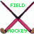Crossed hockey sticks with brown handles and pink blades, green text overlays, and a gray rectangle on the right side.