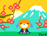 Pixel art animation featuring a cartoon character with orange hair and blue ears against a backdrop of Mount Fuji, cherry blossoms, and yellow sky.