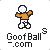 Pixelated character with white spherical head and orange shirt, standing on gray background; text below reads 'GoofBall.com' in blocky font.