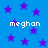 Blue background with purple stars and repeated white text 'meghan' in pixelated font.