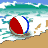 A pixelated beach scene with a red, white, and blue ball on sand near ocean waves, alongside green text reading "Original Icons .com" on a dark background.