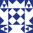 Blue and white pixelated geometric pattern with repeating diamond shapes at center, triangular motifs on edges, and alternating color blocks forming a symmetrical grid.