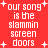 Red background with white pixelated text repeating 'our song is the slammin screen doors' and plus signs, arranged in a pattern
