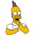 Pixelated yellow cartoon character with wide eyes, open mouth, and a red-and-gray pointed hat holding two white circular objects.