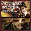 showing a character in dark robes with white collar, holding a lit candlestick against warm-toned background text reading 'Broomsticks are the way to travel...' on top