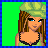 Pixel art contact sheet showing four frames of a female character with green beret, black lace top, white pants, and brown hair against bright green background.