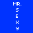 Blue background with white text 'MR. SEXY' arranged vertically, green highlight bars moving across different letters in sequence.