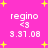 Pixelated pink background with yellow stars and repeated white text 'regino <3 3.97.08' in four quadrants.