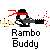 Pixel art animation of a Rambo-style character with red bandana firing a machine gun, displayed as a contact sheet of five frames showing sequential bullet and explosion effects.
