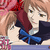 Anime-style character with light brown hair and blue bow tie, two figures in close embrace against pink floral background.