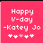 Pixelated pink background with white text reading 'Happy V-day -Katey Jo' and five heart symbols, where the third heart changes from light pink to white between frames.