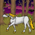 Pixelated white unicorn with yellow mane and tail walks through forest background with purple sky and brown trees.