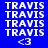 Blue background with repeated white text 'TRAVIS' and '<3' symbols in a pattern