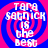 Four identical display text over a pink and blue spiral background with pixelated text reading "TARA SAGNICK IS the BEST" in white