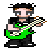 Pixel art animation of a character playing electric guitar in four distinct poses on gray background.