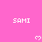 Pink background with repeated white 'SAMI' text and heart symbols arranged in a pattern