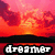 Pixelated sunset scene with orange and pink sky over dark horizon, white text 'dreamer' in blocky font at bottom.