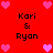 Red background with repeated 'Kari & Ryan' text and pink heart icons arranged in a pattern