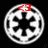 Two circular white and black icons with a central cross symbol, each displaying red text above the cross; left icon shows '<3', right shows 'Empires TKs'.