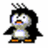 Pixelated penguin character with black body, white belly, orange feet, and spiky black hair, displaying two distinct facial expressions.