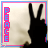 Silhouette of a hand making a peace sign with two fingers, vertical text reading PEACE on the left, and a pink border with blue inner outline.
