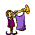 Pixelated character in purple dress and green boots plays golden horn with purple flag, standing on curved base.