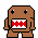 Pixel art contact sheet of eight brown domokun characters with red-and-white teeth, varying arm poses on gray background.