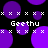 Pixelated purple circles and white X patterns on black background with repeated 'Geethu' text in blocky font.