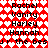 Red and white heart-patterned background with repeated names and text in black pixelated font.